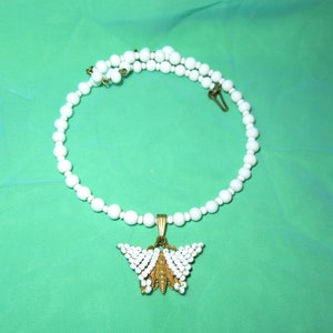 Antique Signed Miriam Haskell Butterfly Pendant Necklace - Exquisite White Glass Beaded Butterfly Choker Necklace - Designer Signed