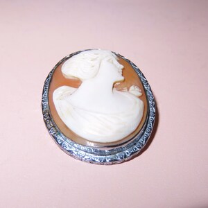 May include: A cameo brooch featuring a carved profile of a woman in white against a peach background. The cameo is set in a silver tone metal frame with a textured design.