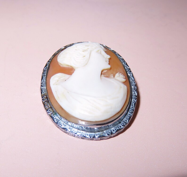 May include: A cameo brooch featuring a carved profile of a woman in white against a peach background. The cameo is set in a silver tone metal frame with a textured design.