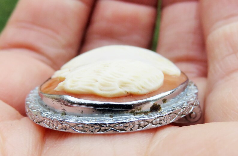 May include: A cameo pendant featuring a carved white design on a pink background, set in a silver tone metal frame with a detailed floral pattern.