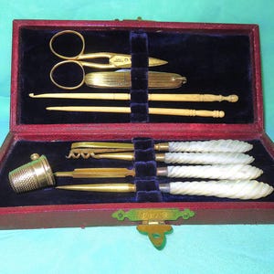 Antique Sewing Kit - Etui - Four Mother of Pearl Handle Gold Wash Tools - Sheffield Scissors - Colonial Knife - Bone Hooks - Lillian Thimble