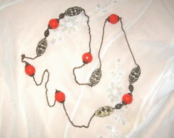 Antique Czech Faceted  Beads & Filigree Necklace-Long Flapper Length-Orange Beads-Art Deco-Czechoslovakia