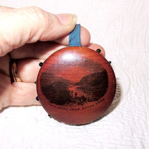 Antique Mauchline Ware Sewing Pin Keep - Pin Wheel - Pin Cushion - Pin Disk - Thirlmere From Raven Crag Lake Scene - 19th Century Pin Keep