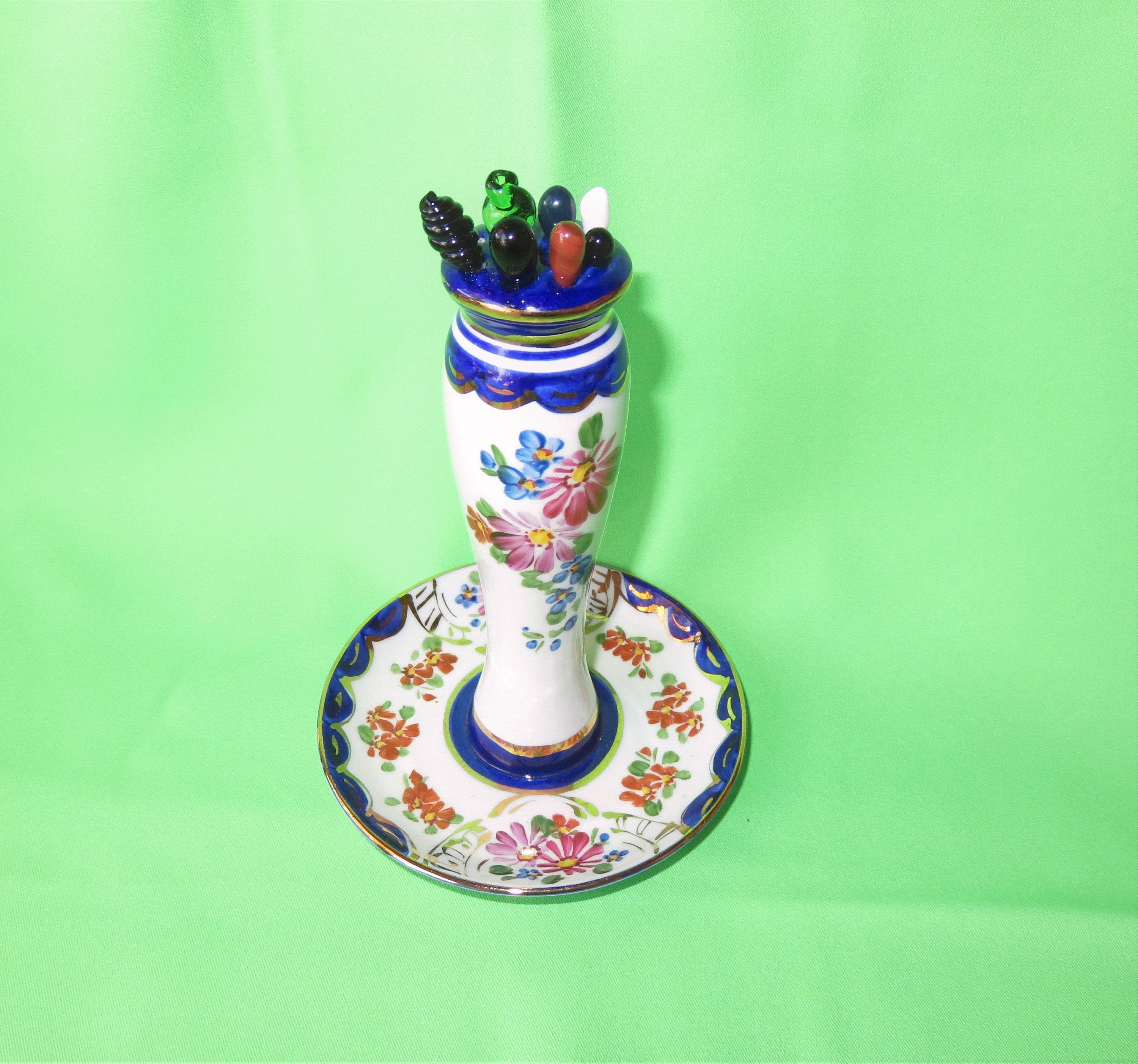 Vintage Limoges China  Hat Pin Holder with Attached Dish - Hand Painted Flowers Cobalt Trim and Gold Painted Accents PLUS Six (6) Hatpins