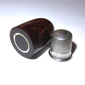 Vintage Wood Thimble Holder with Bone Inlay Plus Waite & Thresher Sterling Silver Thimble - Thimble Case - Thimble Etui - Treen Thimble Box