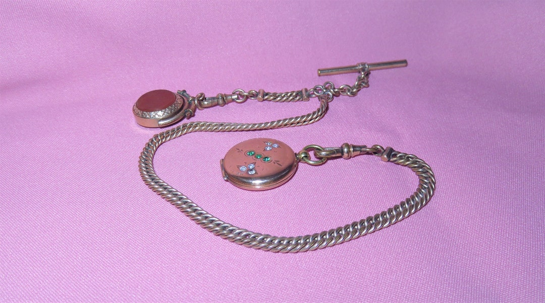 Antique GF Pocket Watch Chain and Two Fobs Carnelian & MOP With Topaz