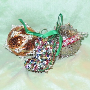Three Vintage Hand-Crafted Push pin Christmas Ornaments Lot - Stocking & Two Balls - Pearls - Beads - Metallic Trim - Sequins - Ribbon