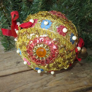 HUGE Vintage Hand-Crafted Christmas Ornament - Pearls - Metallic Gold Trim - Floral Ribbon -Sequins OOAK Ornate Ornament - 20&quot; Around x 7&quot;