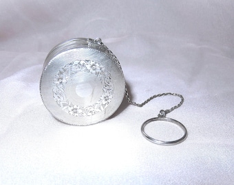 Antike Sterling Silber BLISS Chatelaine Kompakt Fall - Gravierte Finger Ring Kompakt - Beidseitig & aufklappbar Doppel Fächer plus Puffs