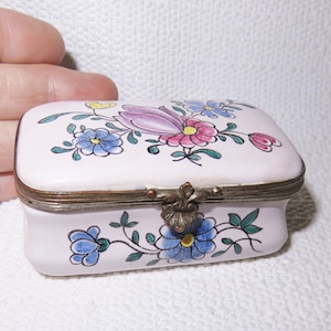 Antique Hand Painted Porcelain Trinket Box - Hand Painted Flowers Box - Hinged Light Pink Porcelain Box - Brass Fittings - Maker&#39;s Mark