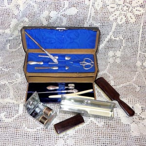 Antique Sterling & Nickel Silver Travel Sewing Set - Vanity Set - Boxed Tools - Sterling Scissors, Button Hook, Curling Iron  - Thimbles AND