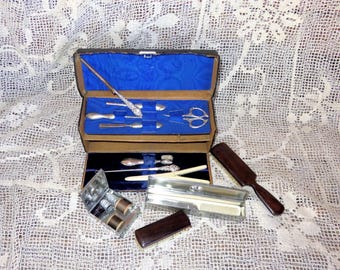 Antique Sterling & Nickel Silver Travel Sewing Set - Vanity Set - Boxed Tools - Sterling Scissors, Button Hook, Curling Iron  - Thimbles AND