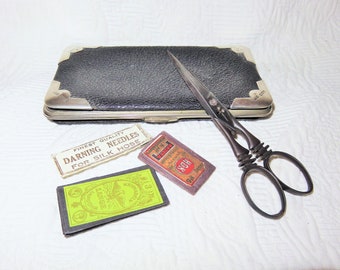 Antique Leather and Sterling Sewing Case - Kit - Etui - Wallet - George Henry James  - England c.1893  - Ornate Scissors &  Needle Packets