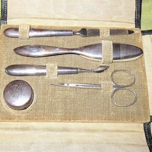 Antique Sterling Silver R. Blackinton Manicure Vanity Set Hallmarked Nail File-Buffer-Pill Box/Rouge Pot-Cuticle Tool and Manicure Scissors