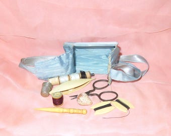 Victorian Hand Made Moire Ribbon Sewing Etui & Tools - Strawberry Emery - Scissors - Thimble - Thread Winders - Awl - Tatting Shuttle - Plus