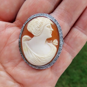 Antique Sterling Silver Framed Carved Shell Relief Cameo Brooch - Shell Cameo Jewelry - Artist Signed Carved Shell Cameo-Sterling Mounted