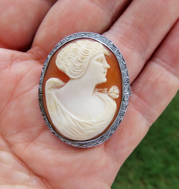 Antique Sterling Silver Framed Carved Shell Relief