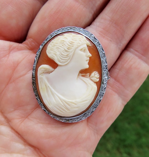 Antique Sterling Silver Framed Carved Shell Relie… - image 1