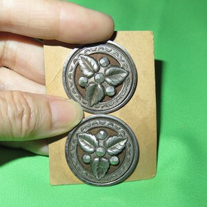 Large Antique Victorian Steel Cup Buttons Set Pair - Faceted Cut Steel Applied Leaves & Berries - U Shank - 1 1/4" Wide - Matching Set image 2