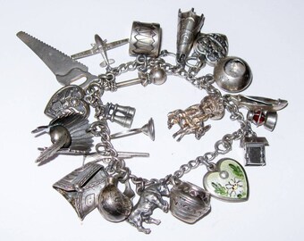 Antique 1940 Sterling  Charm Bracelet 23 Charms-Southwest-Tepee-Drum-Pots-Canoe-Movable-Headdress-Outhouse-Rifle-Puffy Hearts - Loaded