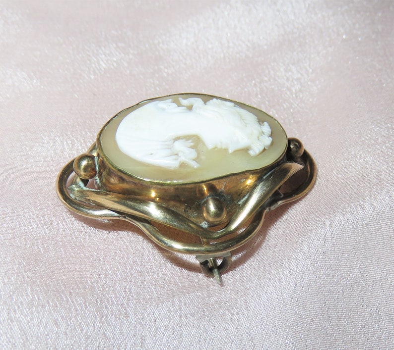 Gold Filled Cameo Brooch Pin Victorian Antique Carved Shell Cameo Brooch Neoclassical Relief Right Facing Lady Partial Signature