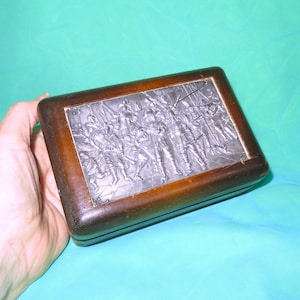 Antique Wood Box with Silver-Plated Musketeers Repousse Relief Top - Hallmarked H. Hooijass - Detailed Dutch Scene - Cigarette Dresser Box