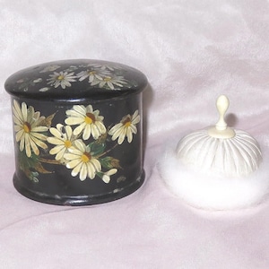 Antique Victorian Paper Papier Mache Powder Vanity Dresser Box - Daisies - Butterfly & Swans Down Powder Puff  Houppe with Celluloid Handle