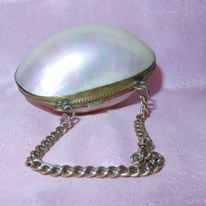 Antike Perlmutt Muschel Messing Mount Chatelaine Geldbörse Box mit Kettengriff - Ring Halter - Fingerhut Halter - Schmuckbox - Puppen Geldbörse