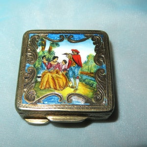 Vintage Sterling Silver Italy Hand Painted Enameled & Chased Compact Case - Pill Box -Pastoral Romantic Scene - Snuff Box - Patch Box