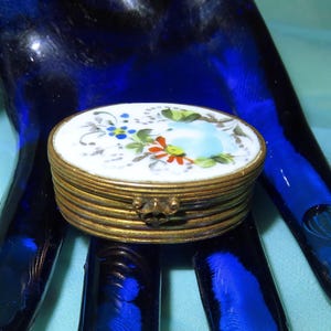 Antique Hand Painted French Porcelain & Brass Pill Box - Snuff Box - Hand Painted Flowers - Oval Hinged Box - Signed MADE IN FRANCE