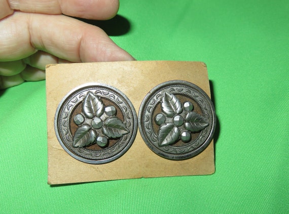 Large Antique Victorian Steel Cup Buttons Set Pair - Faceted Cut Steel Applied Leaves & Berries - U Shank - 1 1/4" Wide - Matching Set