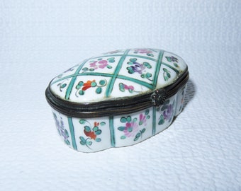 Antique Hand Painted French Porcelain Hinged Trinket Box - Dresser Box - Snuff Box - Painted Flowers Box - Brass Mounted France Trinket Box