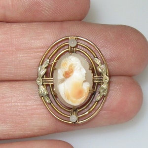 Fine 14K Gold Filled & Seed Pearls Cameo Pin - Tiny Carved Shell Prong Set Cameo Brooch Pin - John H Peckham Makers Mark