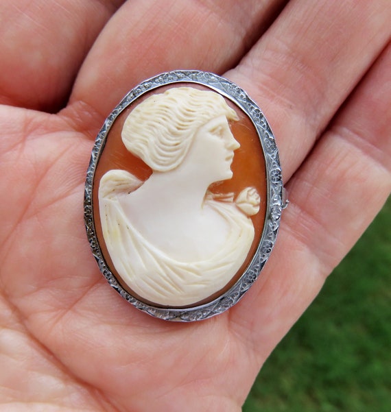 Antique Sterling Silver Framed Carved Shell Relief Cameo Brooch - Shell Cameo Jewelry - Artist Signed Carved Shell Cameo-Sterling Mounted