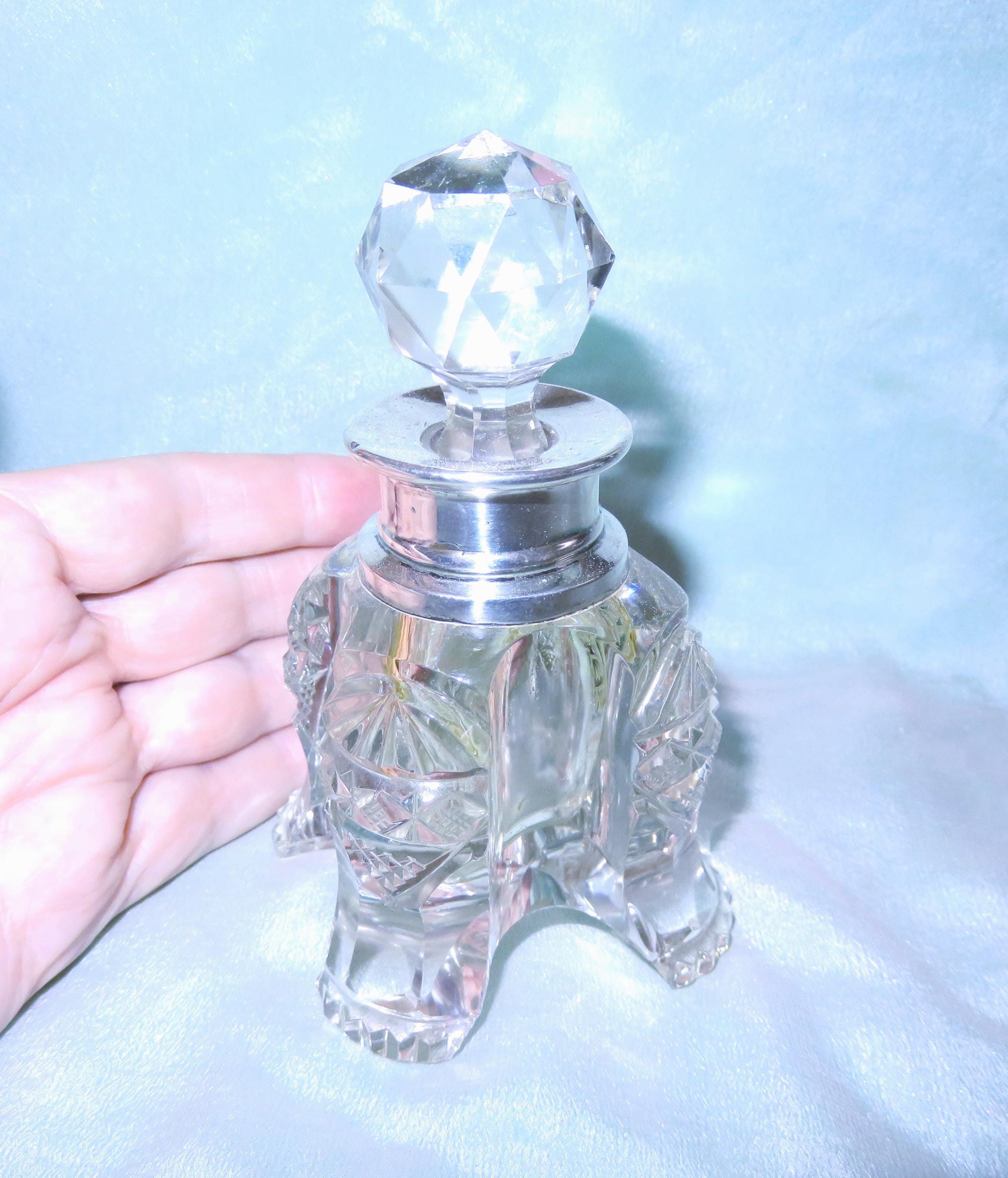Antique Sterling Silver and Cut-Glass Crystal Perfume Scent Bottle & Stopper/Dauber-Hallmarked W.H.S. London 1909 William Henry Sparrow