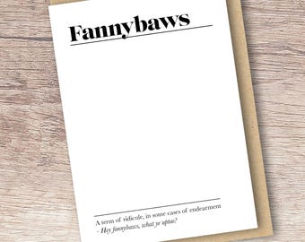 Fannybaws - rude birthday card for friend, funny Scottish cards, Scots words, card for him, her, brother, sister, from Scotland
