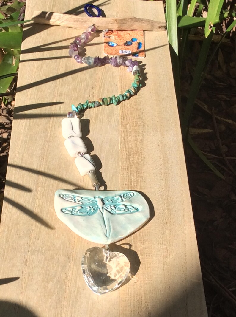 DFSC1 Porcelain turquoise dragon fly with turquoise,amethyst,fluorite stained porcelain marbelized beads sun catcher