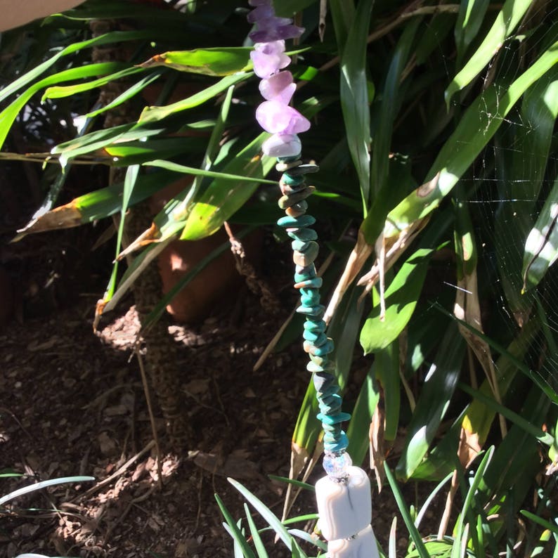 DFSC1 Porcelain turquoise dragon fly with turquoise,amethyst,fluorite stained porcelain marbelized beads sun catcher