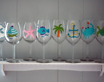 Beautiful Beach Themed Painted Wine Glasses