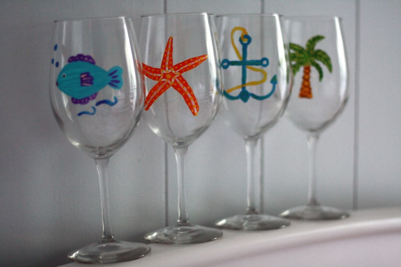 Beach Themed Handpainted Wine Glasses set of 4 Etsy