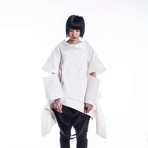 White Loose Top with Large Cutout Sleeves, Avant Garde Top with Oversized Sleeves, Asymmetrical Top, Loose Top with Statement Sleeves