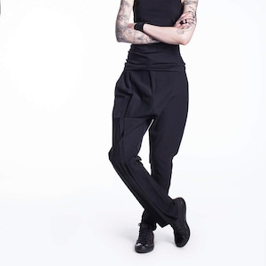 Drop Crotch Pants, Black Pants with Regular Fit, Cotton Women&#39;s Pants, Everyday Trousers, Urban Clothing