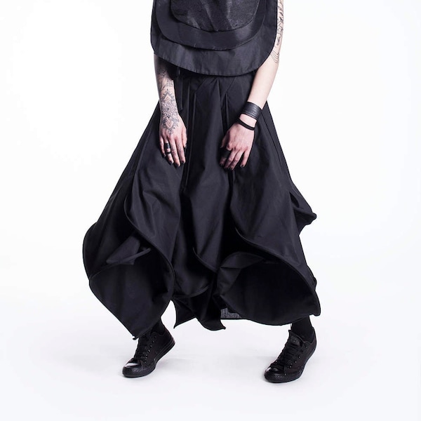 Long Black Skirt, Layered Skirt, Futuristic Clothing, Asymmetrical Drape Skirt, Avant Garde Clothing