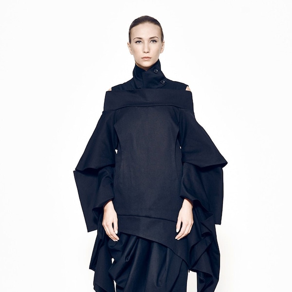 Black Deconstructed Top with Statement Sleeves, Avant Garde Top, High Neck Blouse, Long Sleeve Top in Black, Top with Oversized Sleeves