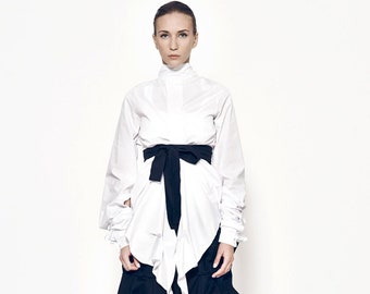 Kimono Robe with High Neck, White Tunic Shirt, Renaissance Shirt, White Long Shirt, Top With Belt, Japanese Clothing, Kimono Top