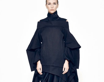 Black Deconstructed Top with Statement Sleeves, Avant Garde Top, High Neck Blouse, Long Sleeve Top in Black, Top with Oversized Sleeves