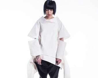 White Avant Garde Top with Large Cutout Sleeves