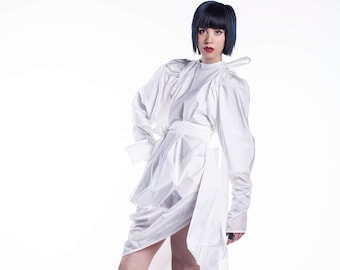 White Plus Size Dress, Avant Garde Midi Dress with Gathered Sleeves, Asymmetrical Urban Dress, White Deconstructed Dress,Futuristic Clothing