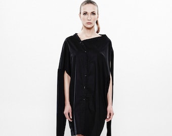 Robe chemise multivoies avec boutonnage asymétrique et manches en tricot avec ouvertures, robe midi noire, chemise en coton Avant Garde