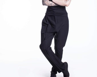 Drop Crotch Pants, Black Pants with Regular Fit, Cotton Women's Pants, Everyday Trousers, Urban Clothing